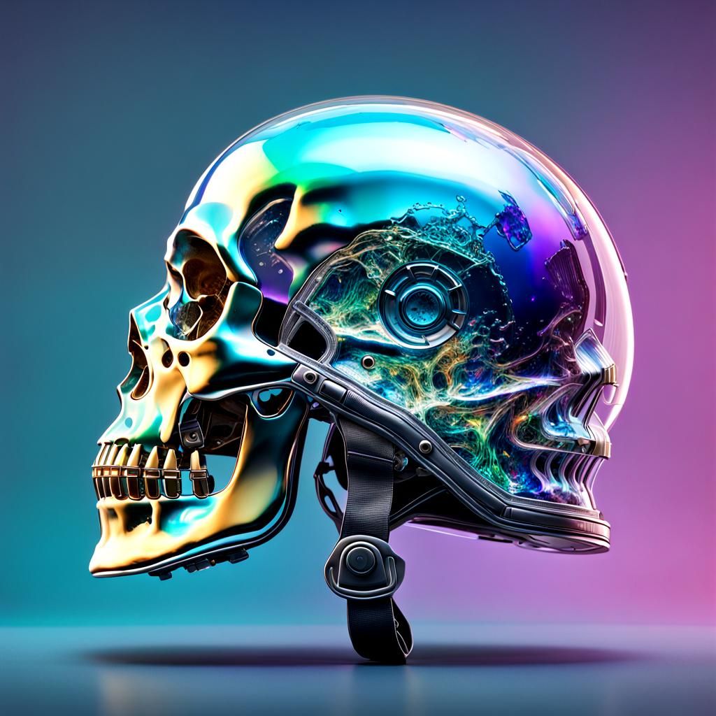 Human Skull Inside Iridescent Astronaut Helmet in Hyperreali...