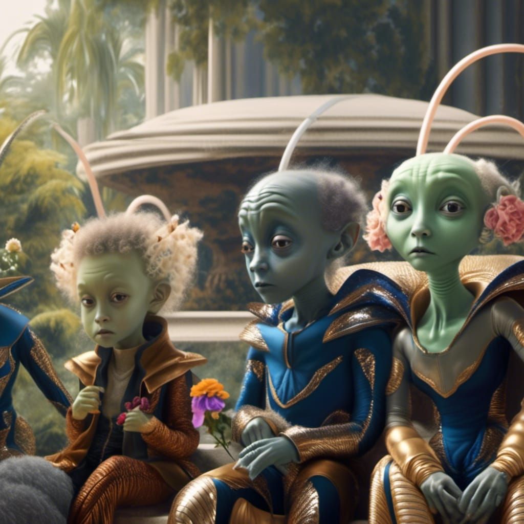 Smiling Aliens and Pets in English Garden, Hyperrealism