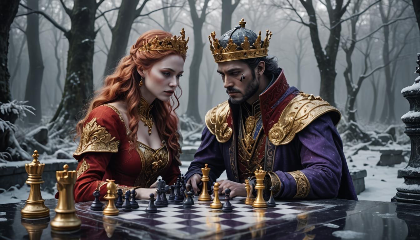 Chess Game in Misty Forest: Dark Fantasy Art Nouveau