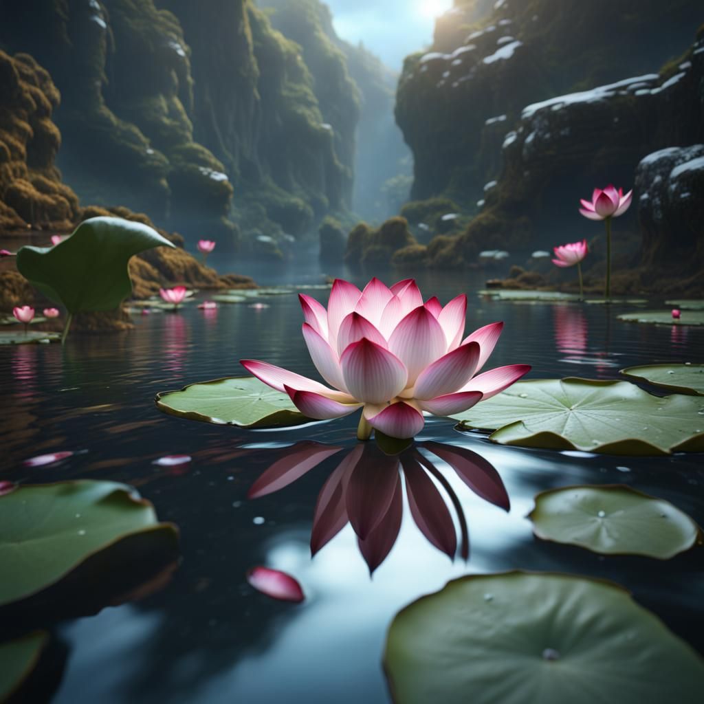 Lotus Flower Floating in Stream: Detailed Matte Painting