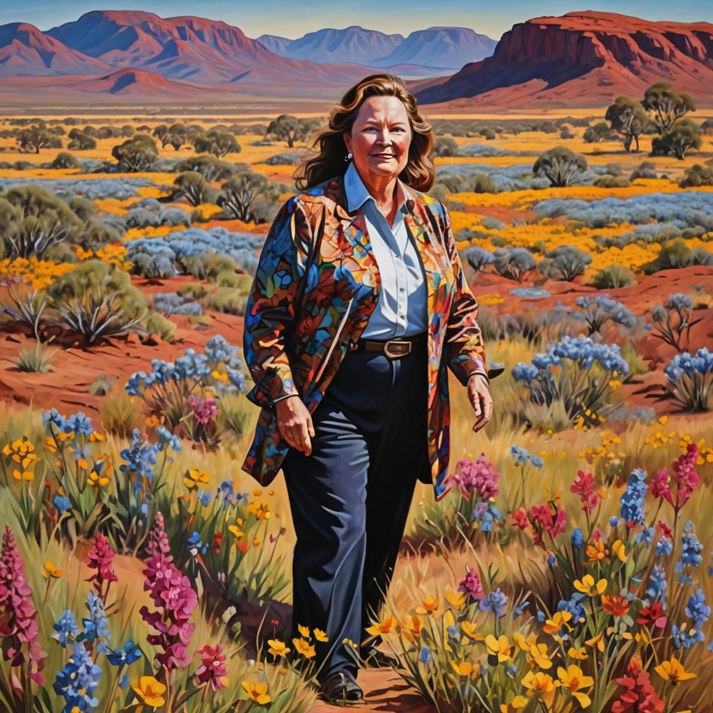 Australian Landscape with Regal Figure and Wildflowers