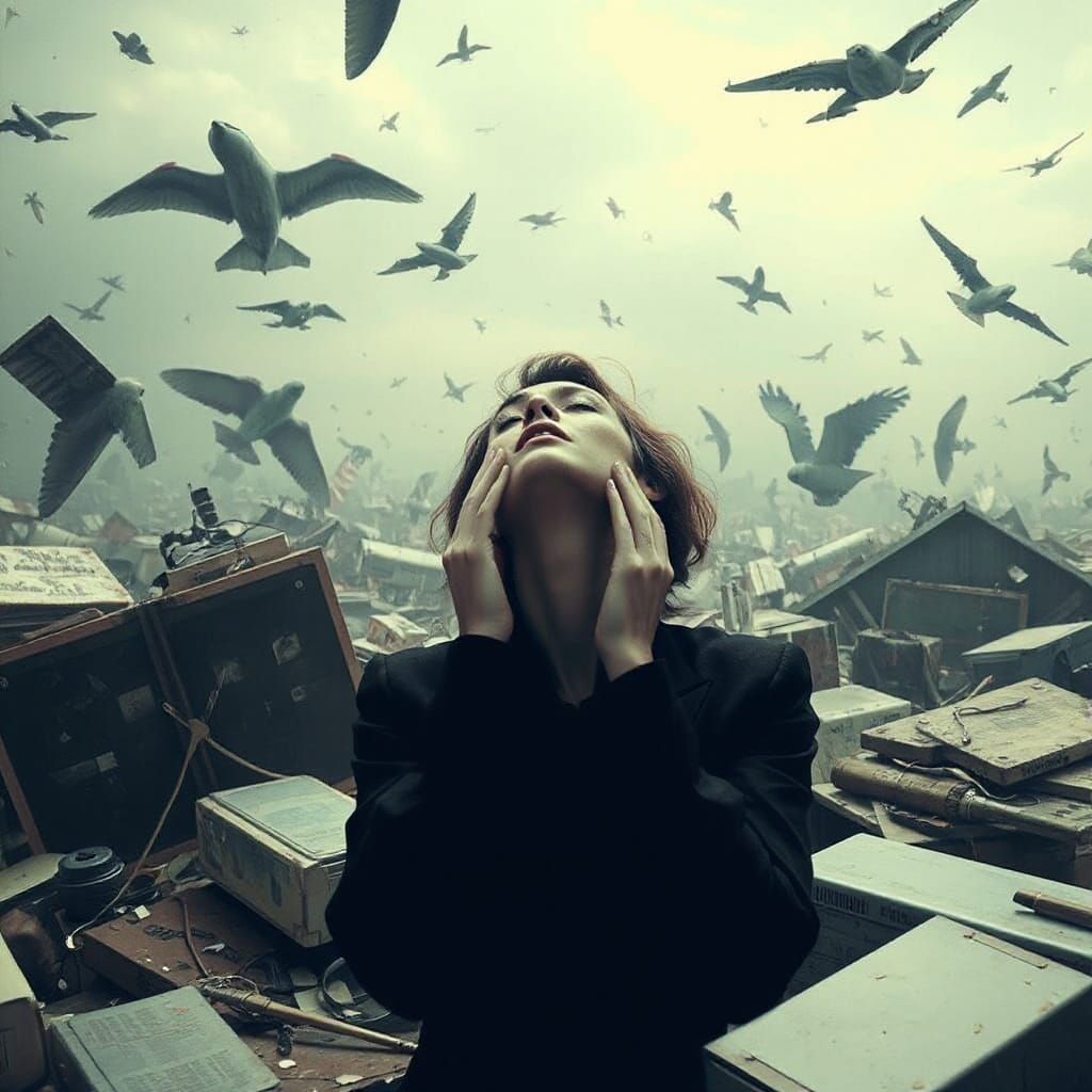 Woman in Surreal, Chaotic Dreamscape