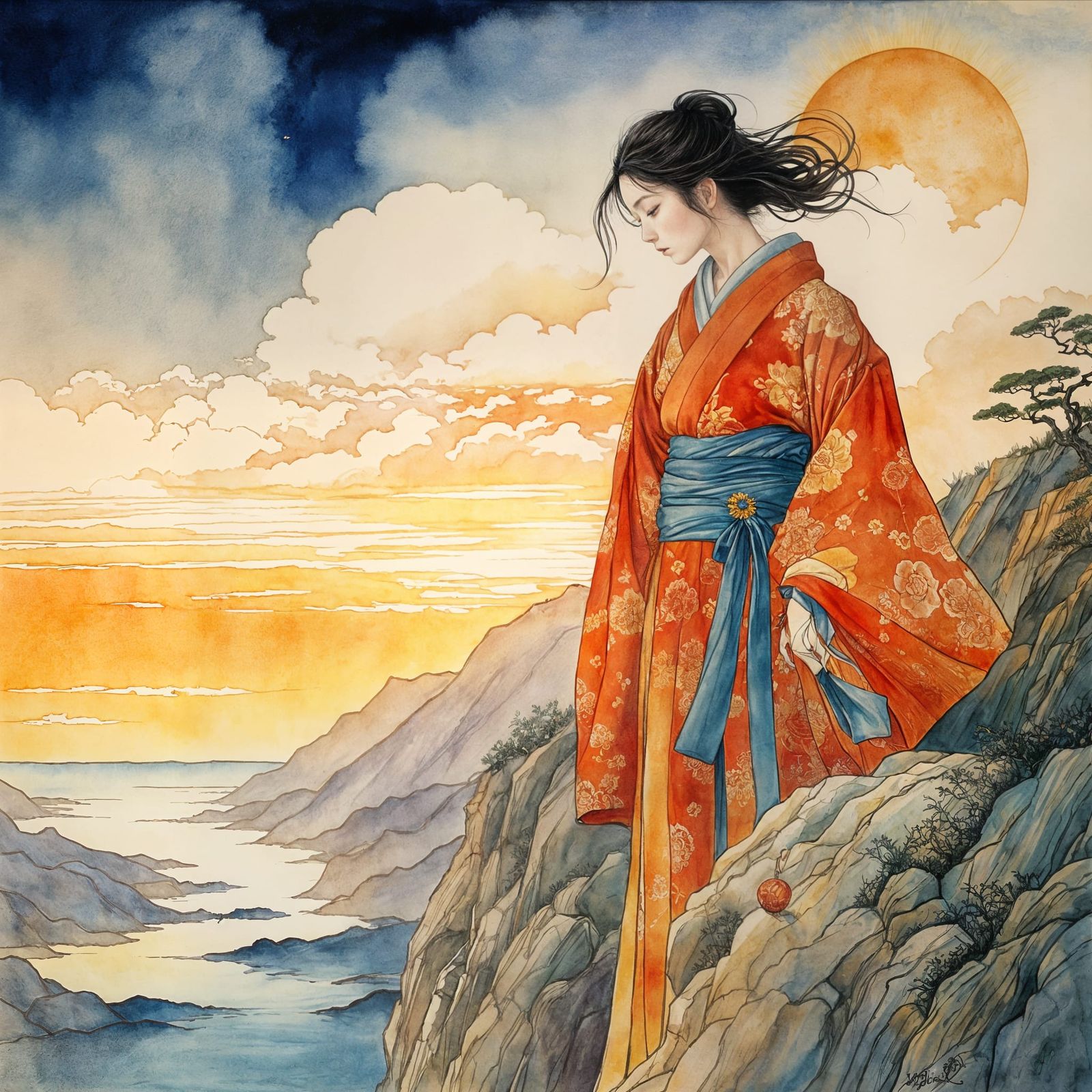 Japanese Lady on Cliff in Watercolor Style