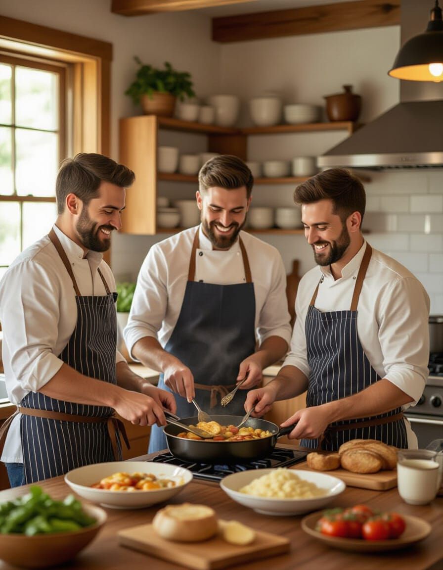 Happy Men Cooking Together in Folk Art Style