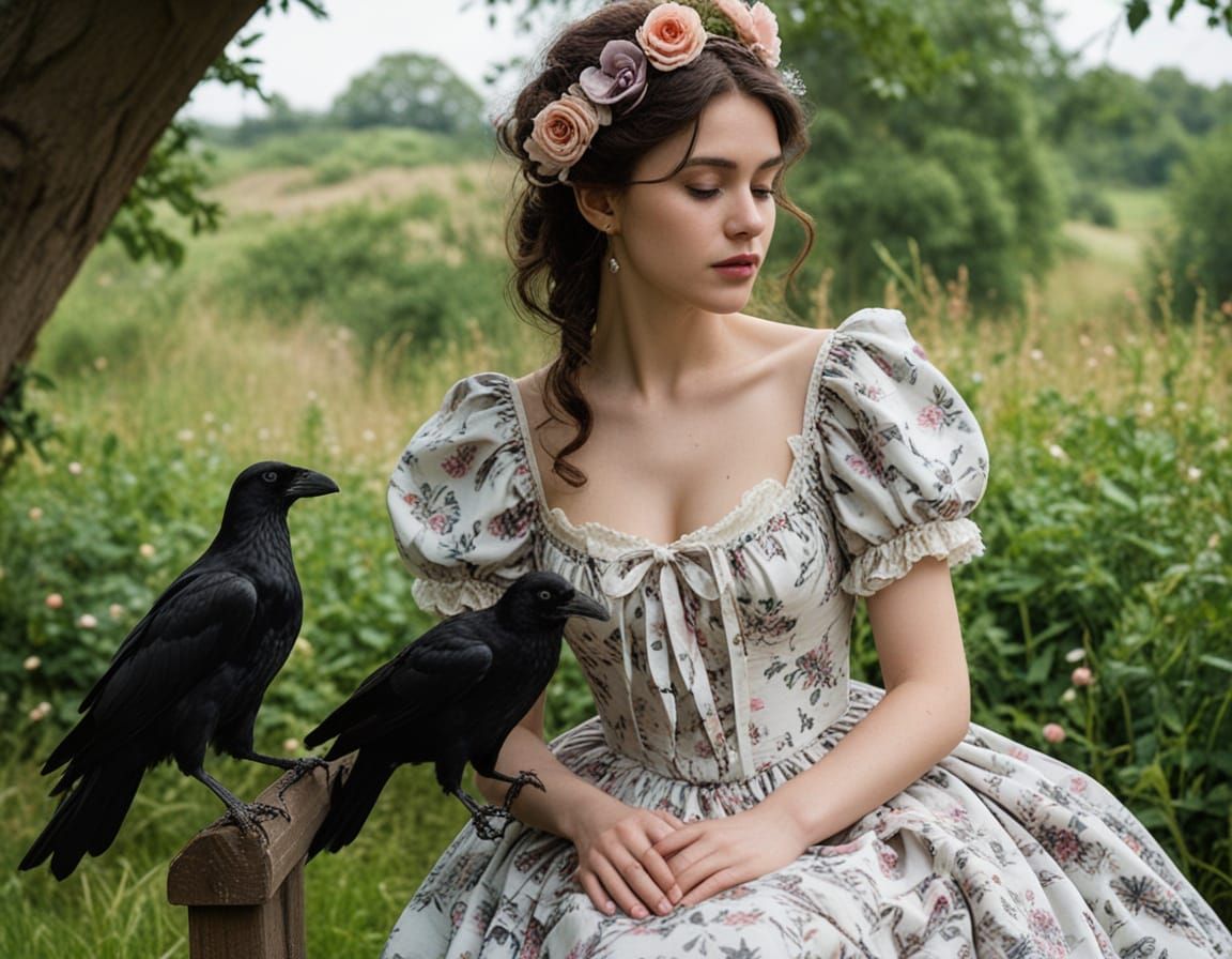 Ethereal Edwardian Lady Touched by a Mysterious Crow