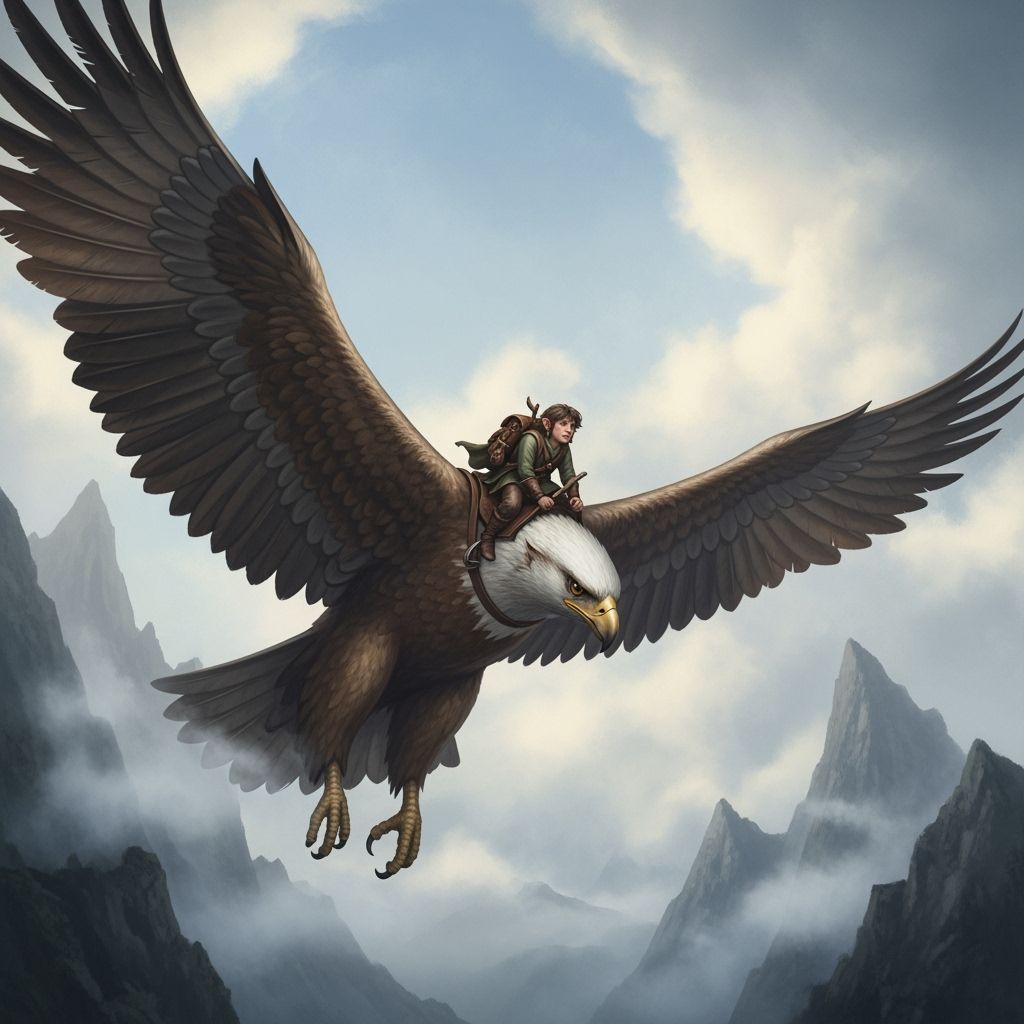 Hobbit Rides Giant Eagle Through Misty Mountains