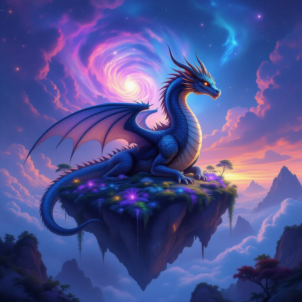 Colossal Dragon on Floating Island in Cosmic Nebula