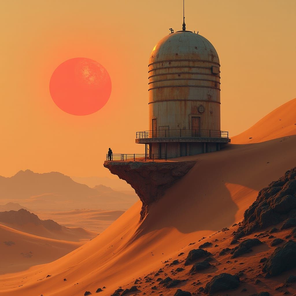 Isolated Alien Outpost at Binary Sunset