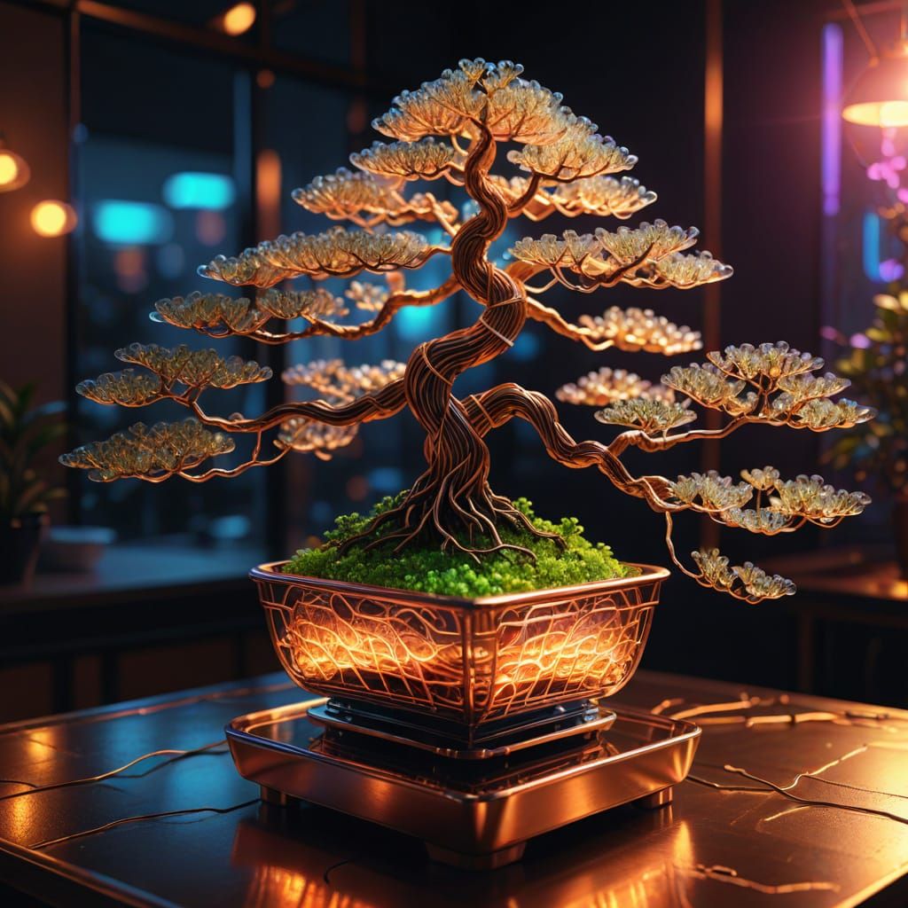 Neon String Bonsai in Crystal Pot: Surreal Digital Art