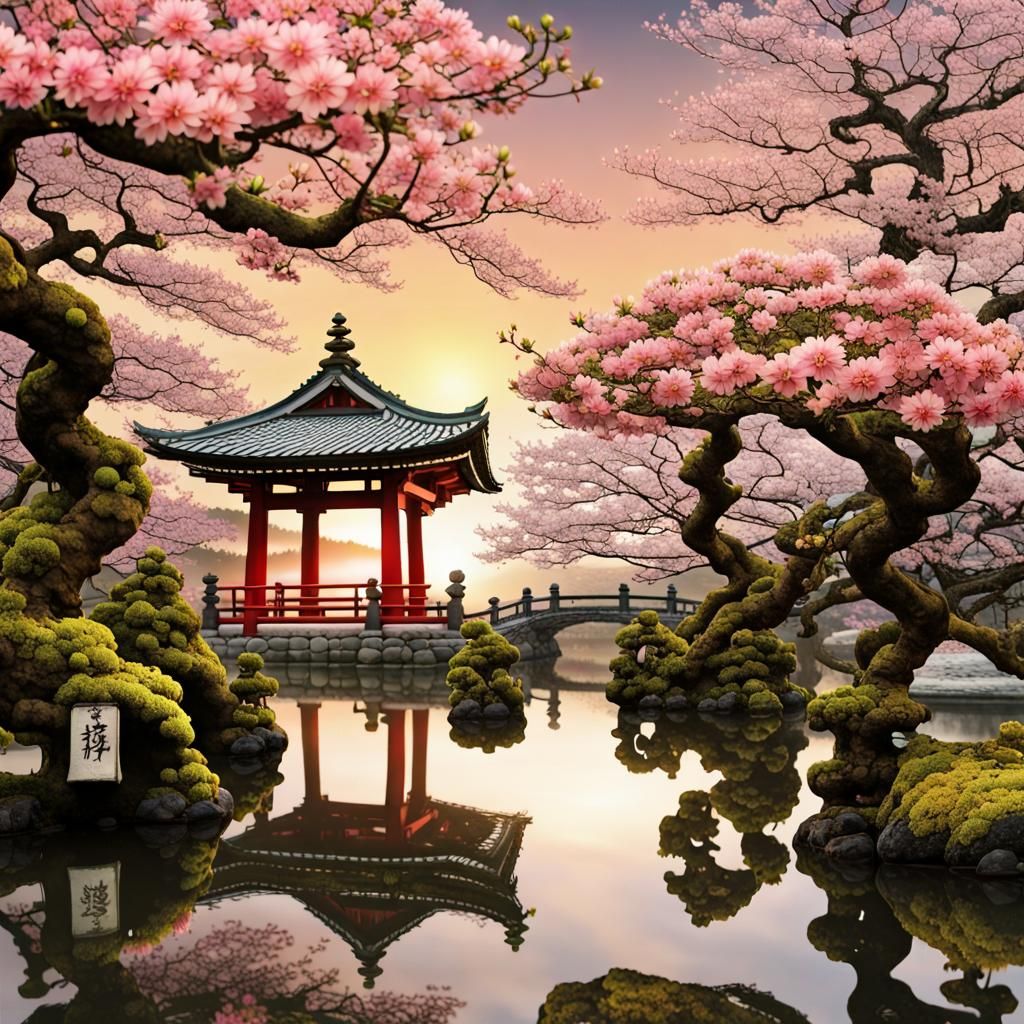 Baroque Empress in Japanese Golden Pavilion at Sunset