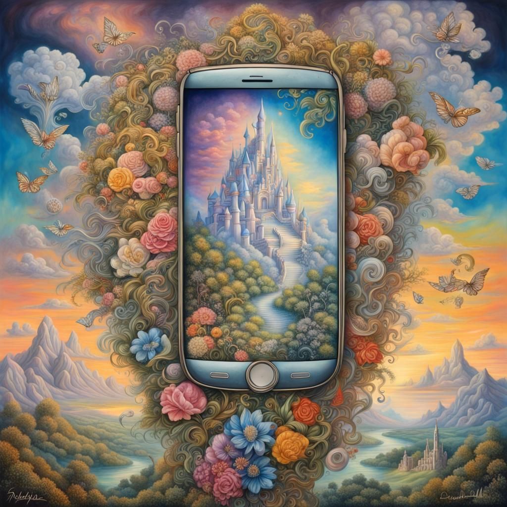 Smartphone in Clouds: Hyperreal Fantasy Painting