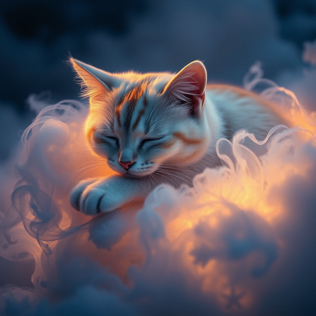 Glowing Cat Sleeps on Cloud in HDR