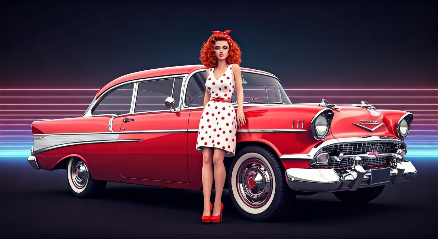 Retro Futuristic Rockabilly Goddess Leans on Shiny Red '55 C...