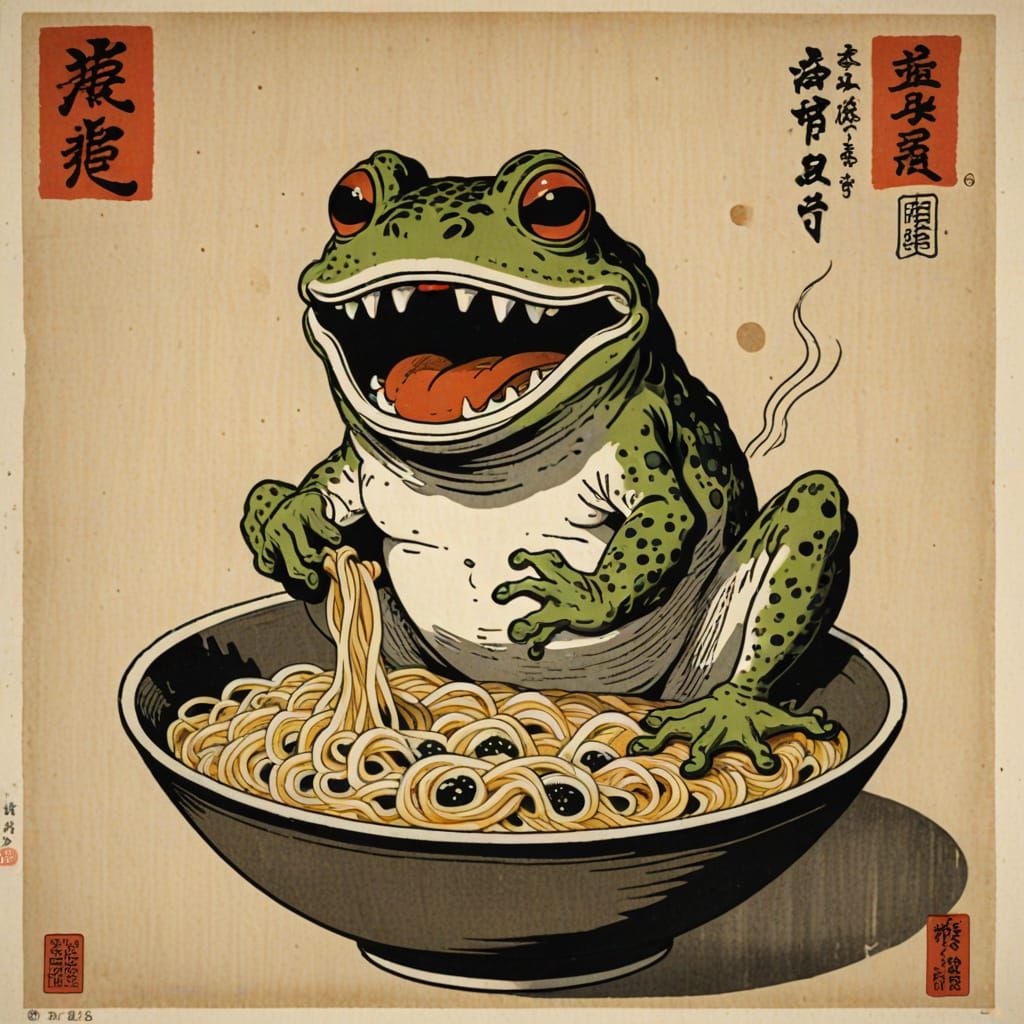 Frog's Shock: Noodle Monster Emerges, Ukiyo-e Print