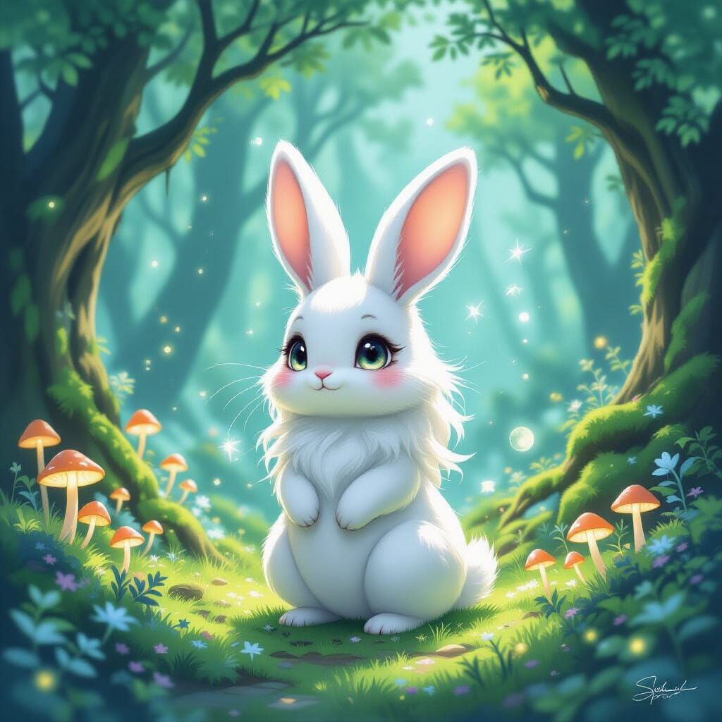 Ethereal Forest Spirit Bunny in Moonlight Clearing