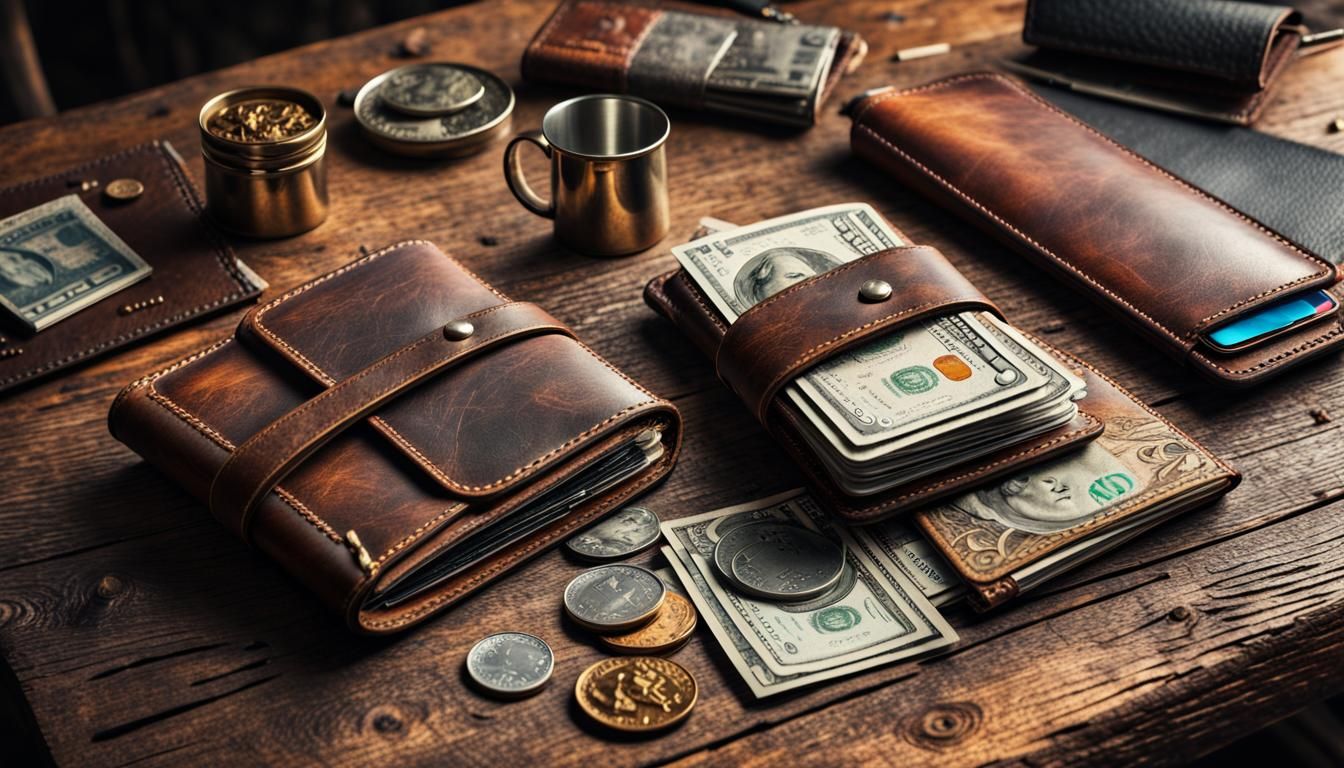 Leather Journal, Wallet and Money on Desk