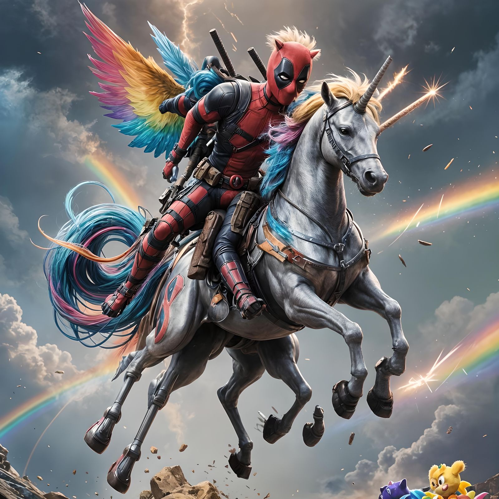 Deadpool riding a rainbow unicorn that has 8 legs