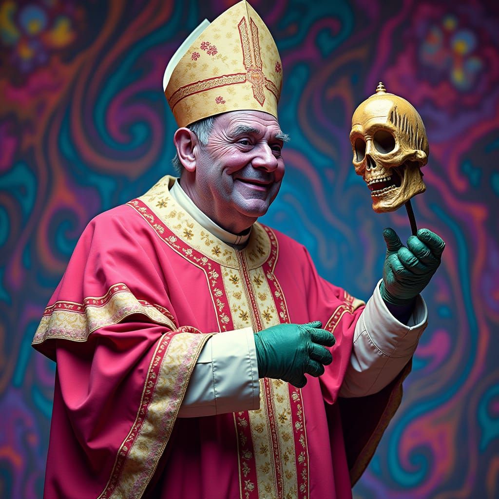 Psychedelic Pope Puppet in Neon Swirls