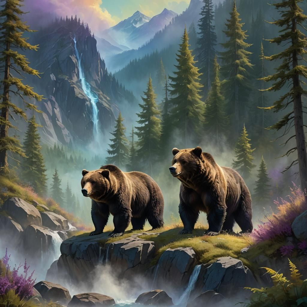 Grizzly and Black Bear Hybrid in Misty Forest