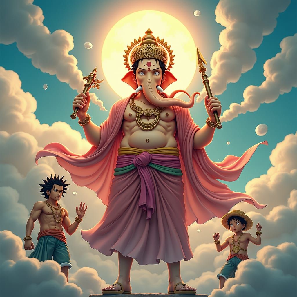 Lord Ganesh with Anime Characters in Divine Smoke