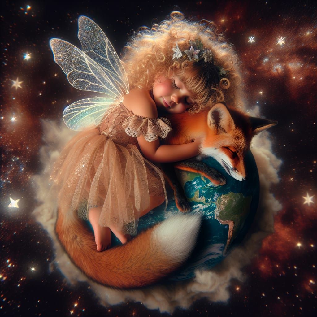 Hispanic Fairy Child with Fox Companion in Starlight