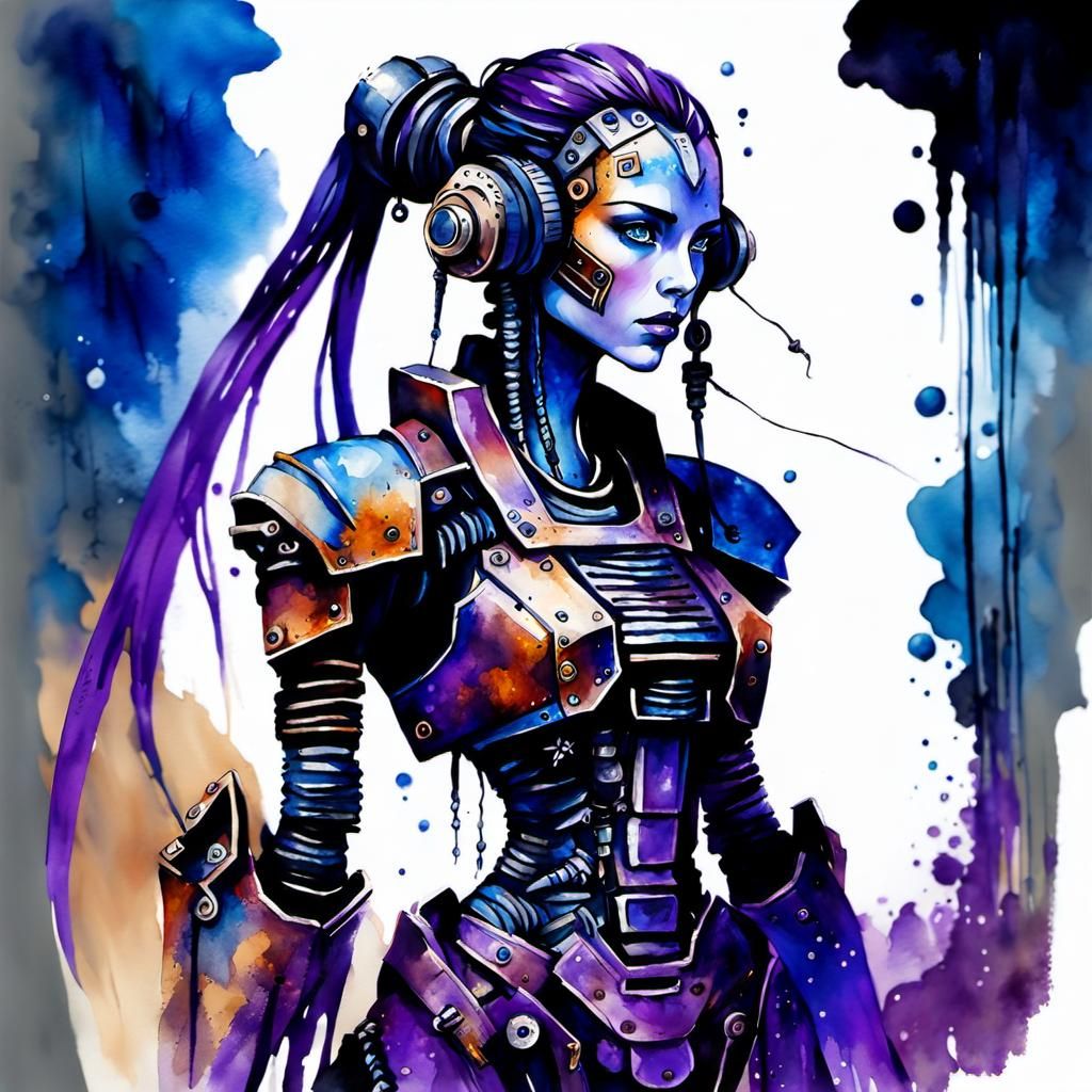 Post-Apocalyptic Robot Girl Racer in Watercolor