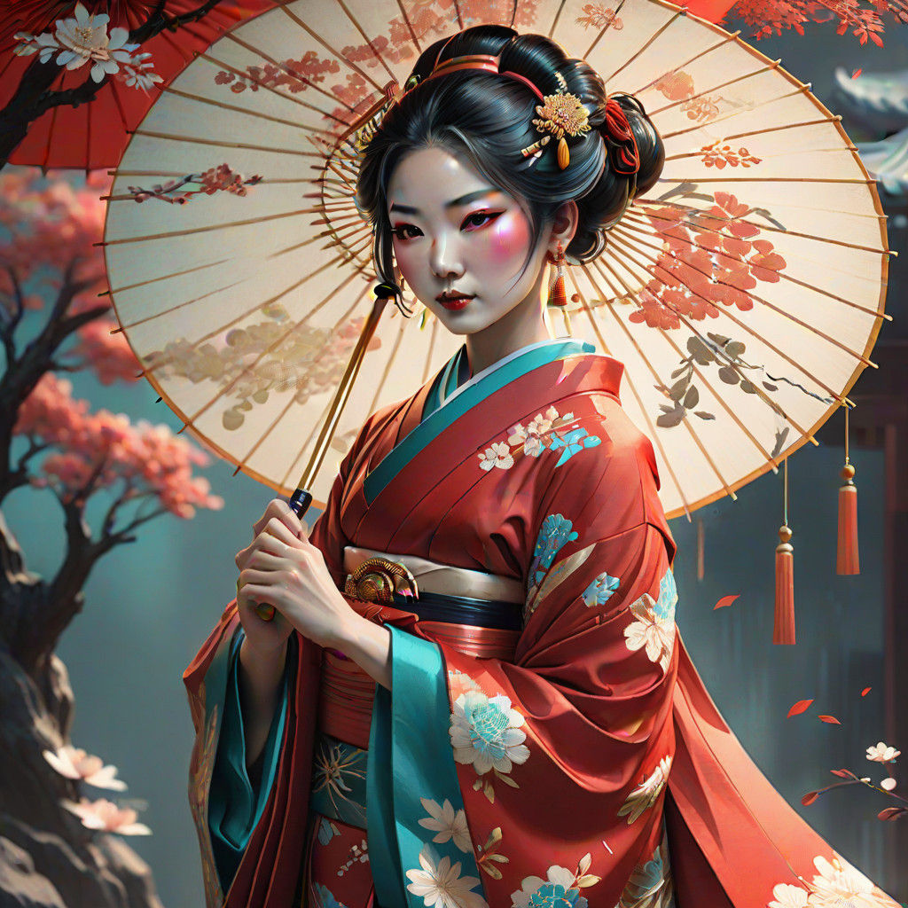 Elegant Geisha in Traditional Red Kimono