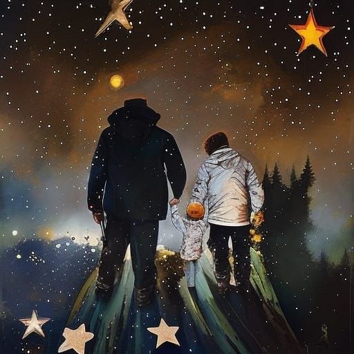Man and Son Stargazing in Dramatic Oil Painting