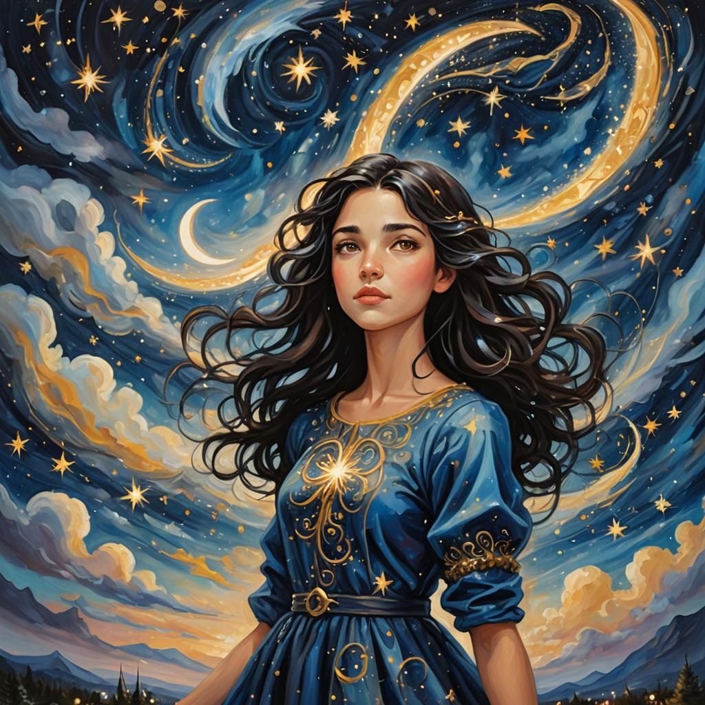 Girl in Starry Night Sky: Impressionist Oil Painting