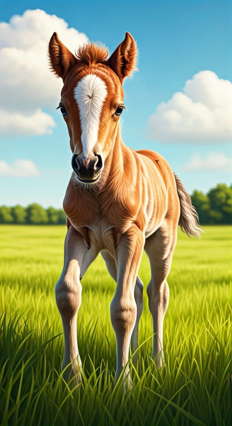 Whimsical Colt Gallops Through Vibrant Green Meadow in Sunli...