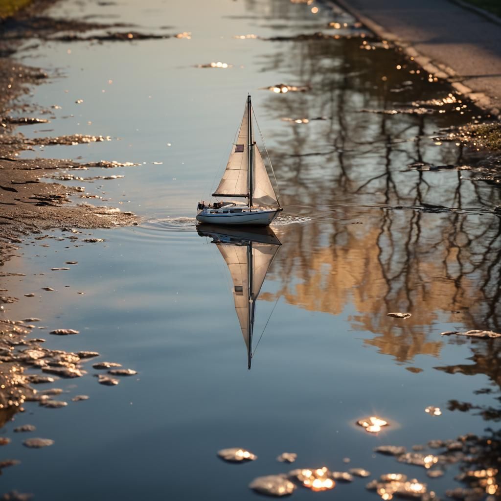 Small Sailboat in Puddle: Hyperrealistic Macro Photography