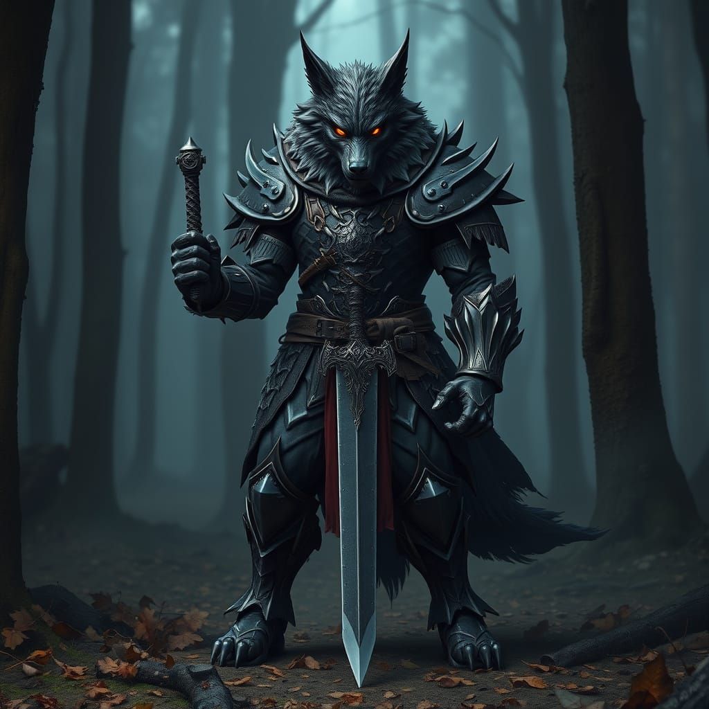 Medieval Wolf Warrior in Dark Forest