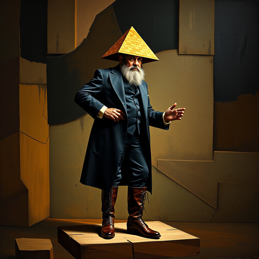 History Professor with Pyramid Hat in Cubism Style