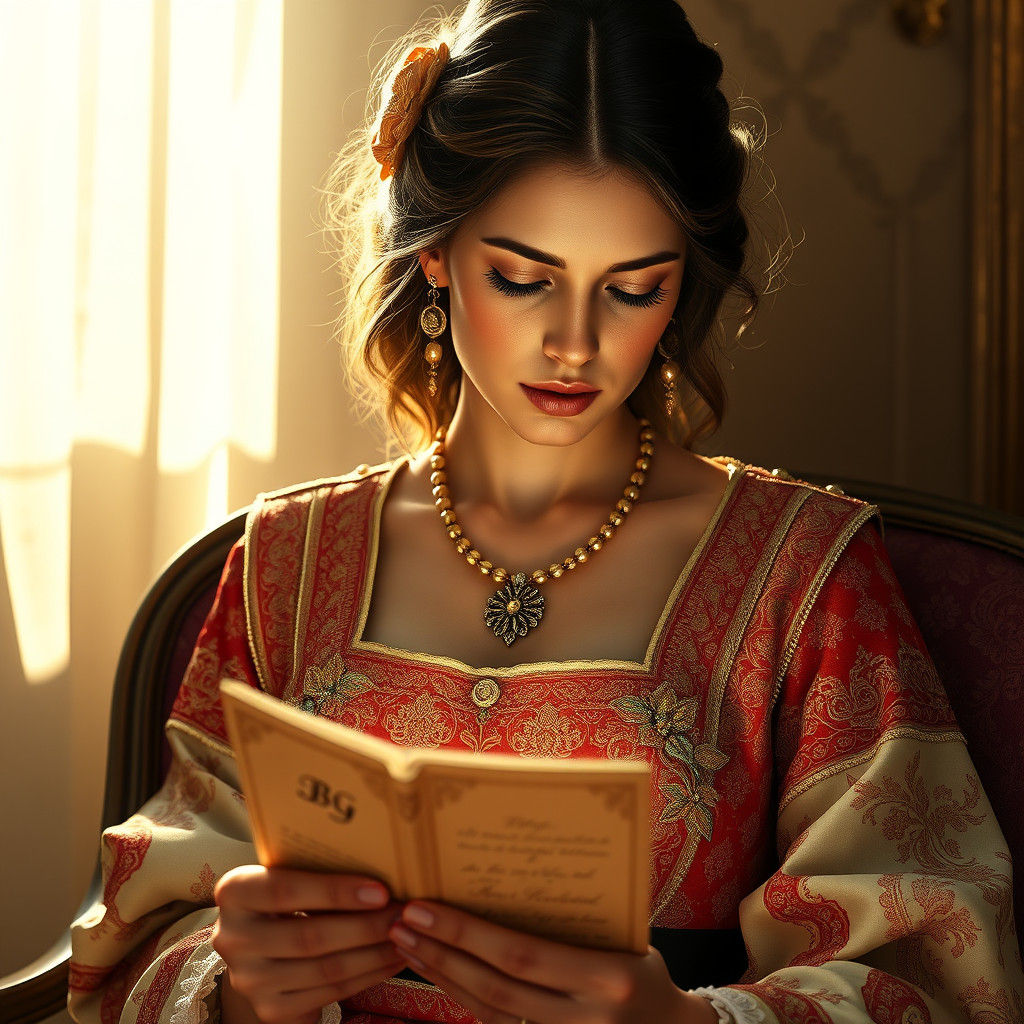 Exotic Persian Woman Reading Letter in Dreamlike Style