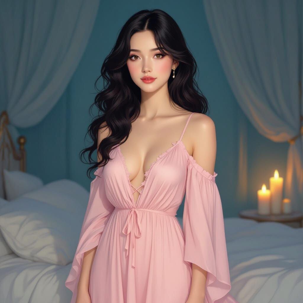 Elegant Woman in Bedroom, Art Nouveau Style