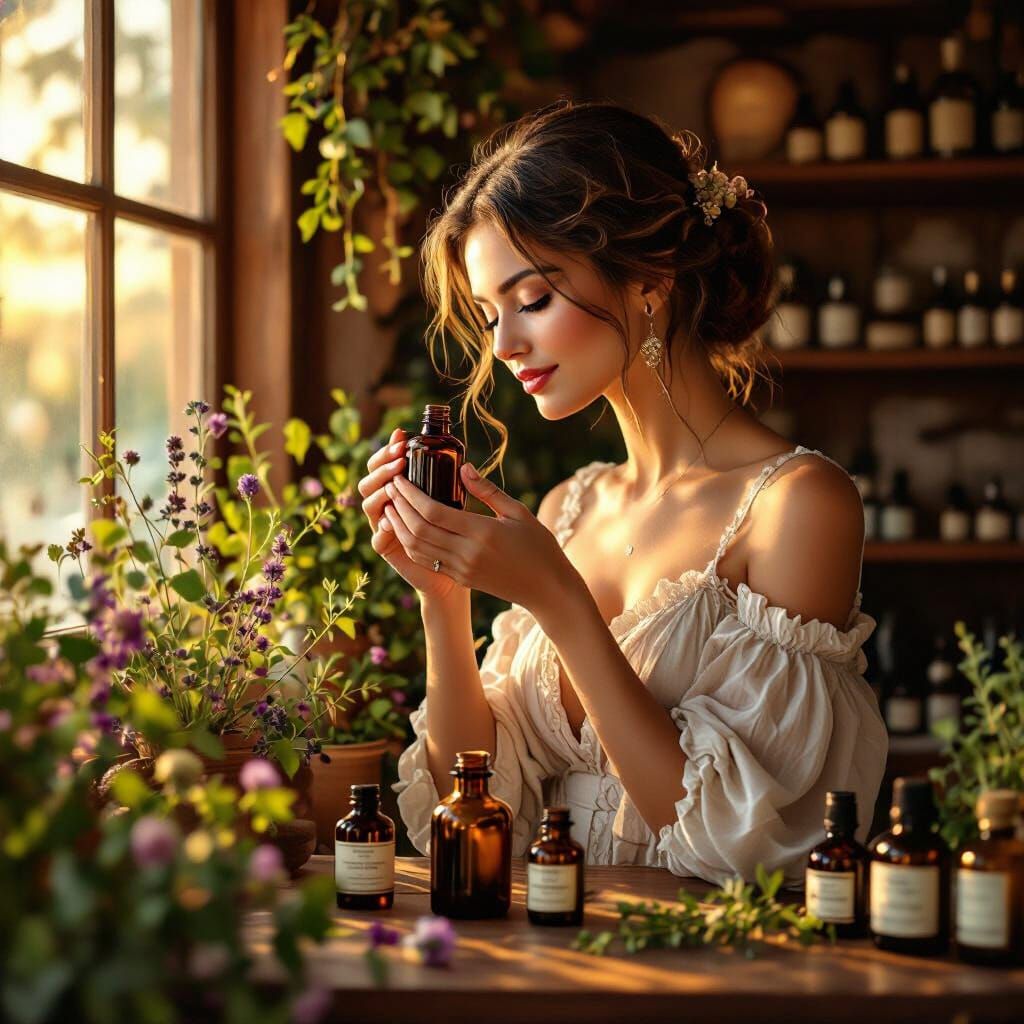 Elegant Woman Smelling Bottle in Aroma Shop, Impressionistic...