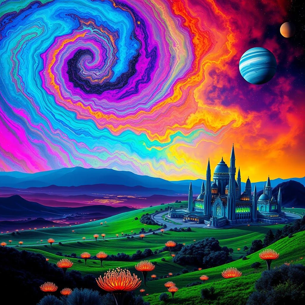 Cosmic Dreamscape on Titan: Surrealist Landscape with Alien...