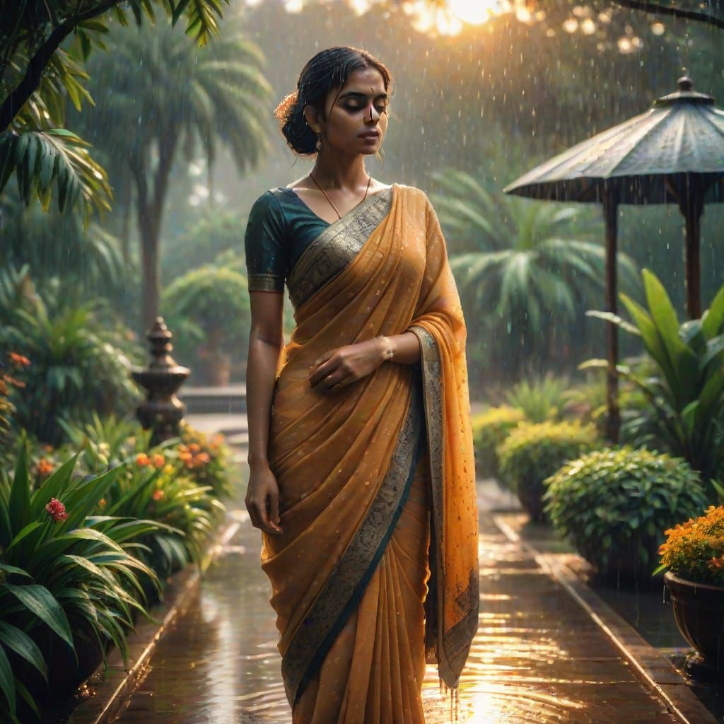 Girl in Elegant Saree Dances in Rainy Garden at Sunrise
