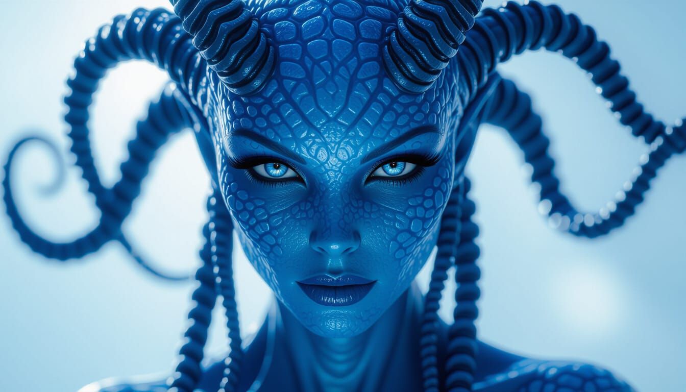 Stunning Alien Woman with Blue Scales and Four Eyes