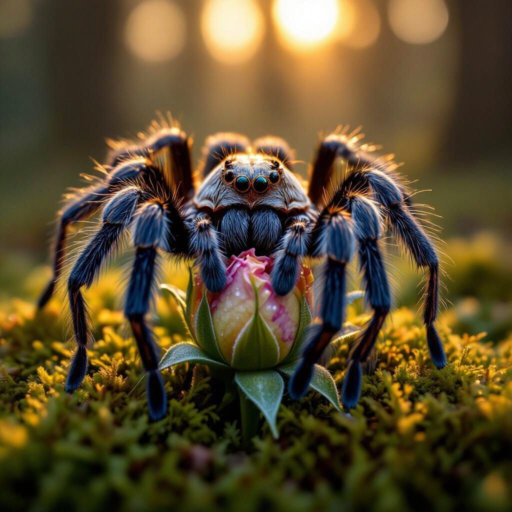 Tarantula Tenderly Hugs Rosebud in Sunlit Forest
