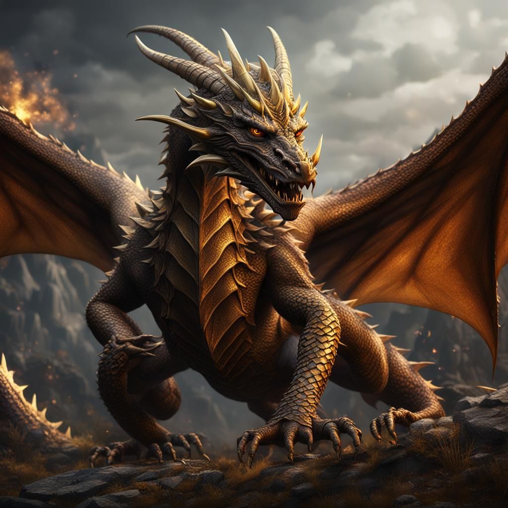 Detailed Brown Dragon with Gold Eyes, Fantasy Art