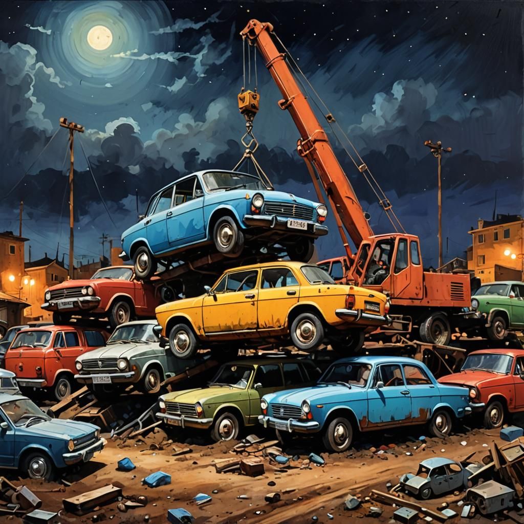 Midnight Junkyard Crane in Faux Painting Style