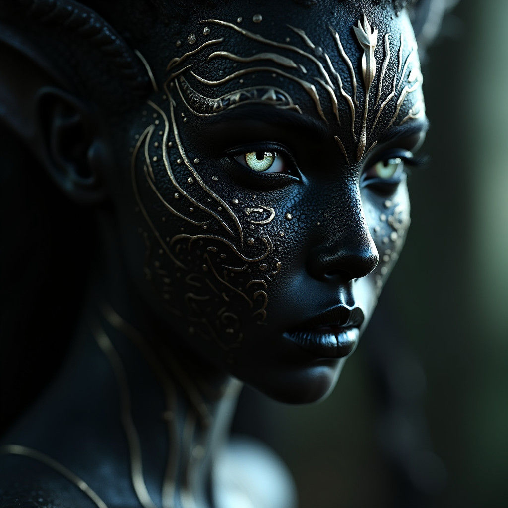 Fantasy Goddess with Jet Black Skin and White Markings