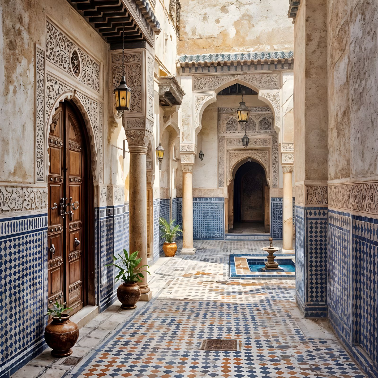 Realistic Oil Painting of Ancient Fez Medina Alley