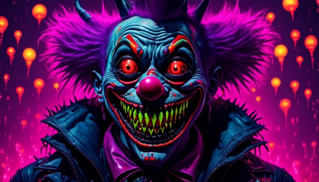 Surreal Dark Fantasy Clown Portrait in Neon Colors