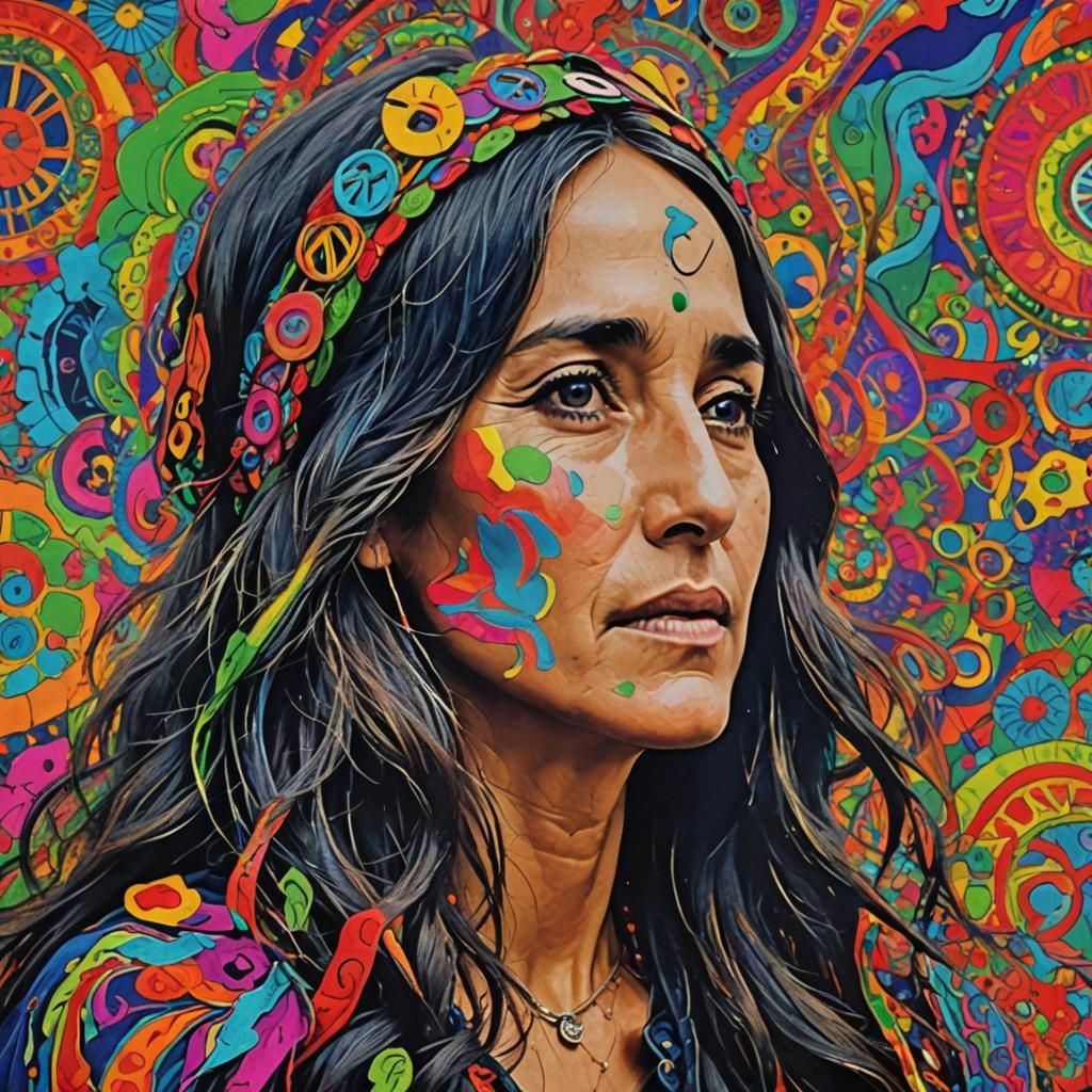 close up Joan Baez headband long wavy hair  happy romance he...