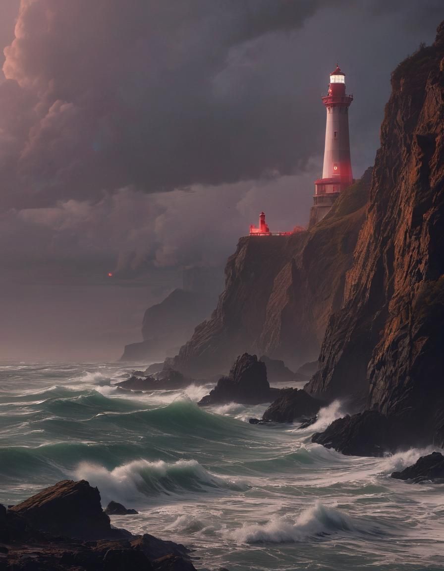 Lighthouse Amidst Storm with Cyberpunk Carnival