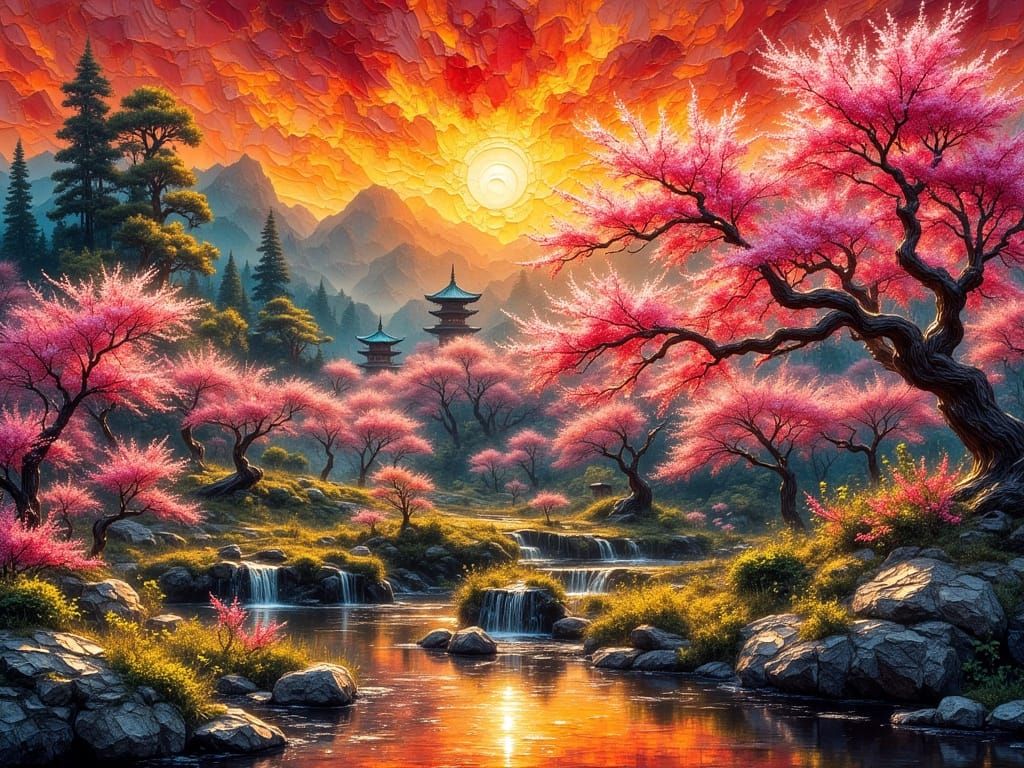 Japanese Spring Landscape at Crimson Sunrise