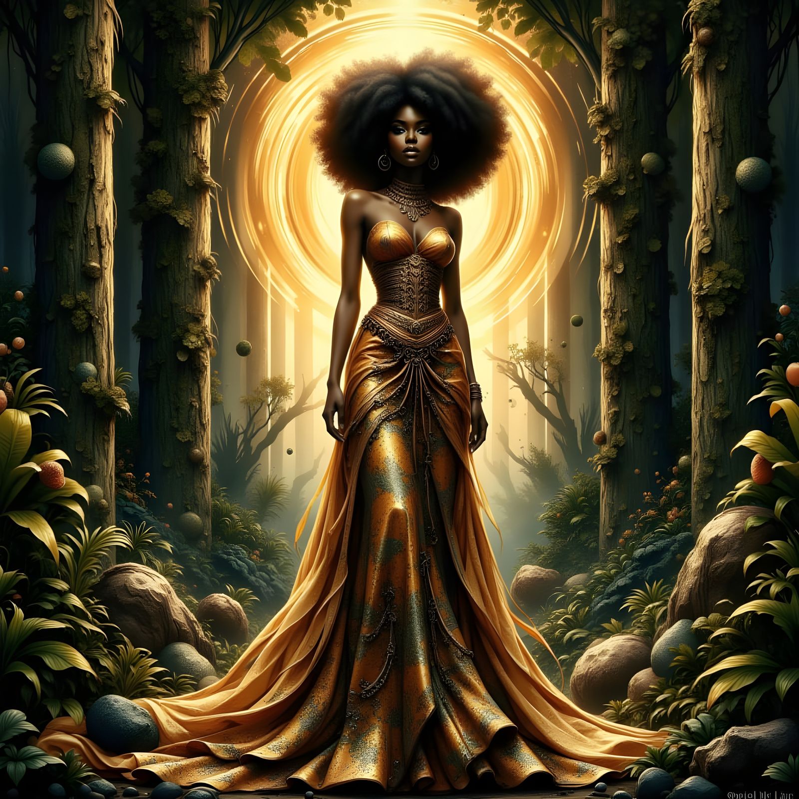 African Lady Before Golden Portal in Mythic Realism