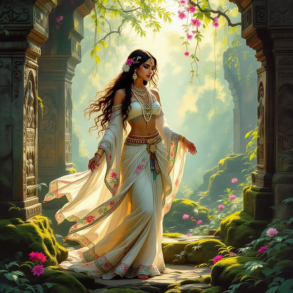Ethereal Indian Girl in Sun-Dappled Ruins